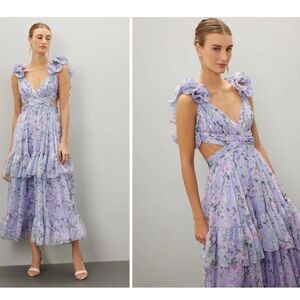 Leena for Mac Duggal Ruffle Tiered Cut-Out Floral Chiffon Dress
